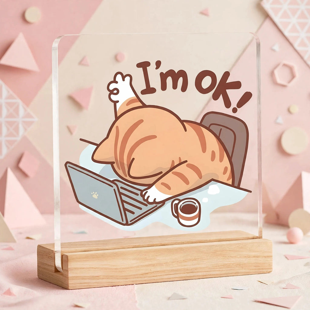 Funny 'I'm OK!' Cat Acrylic Desk Plaque – Wood Stand Showpiece