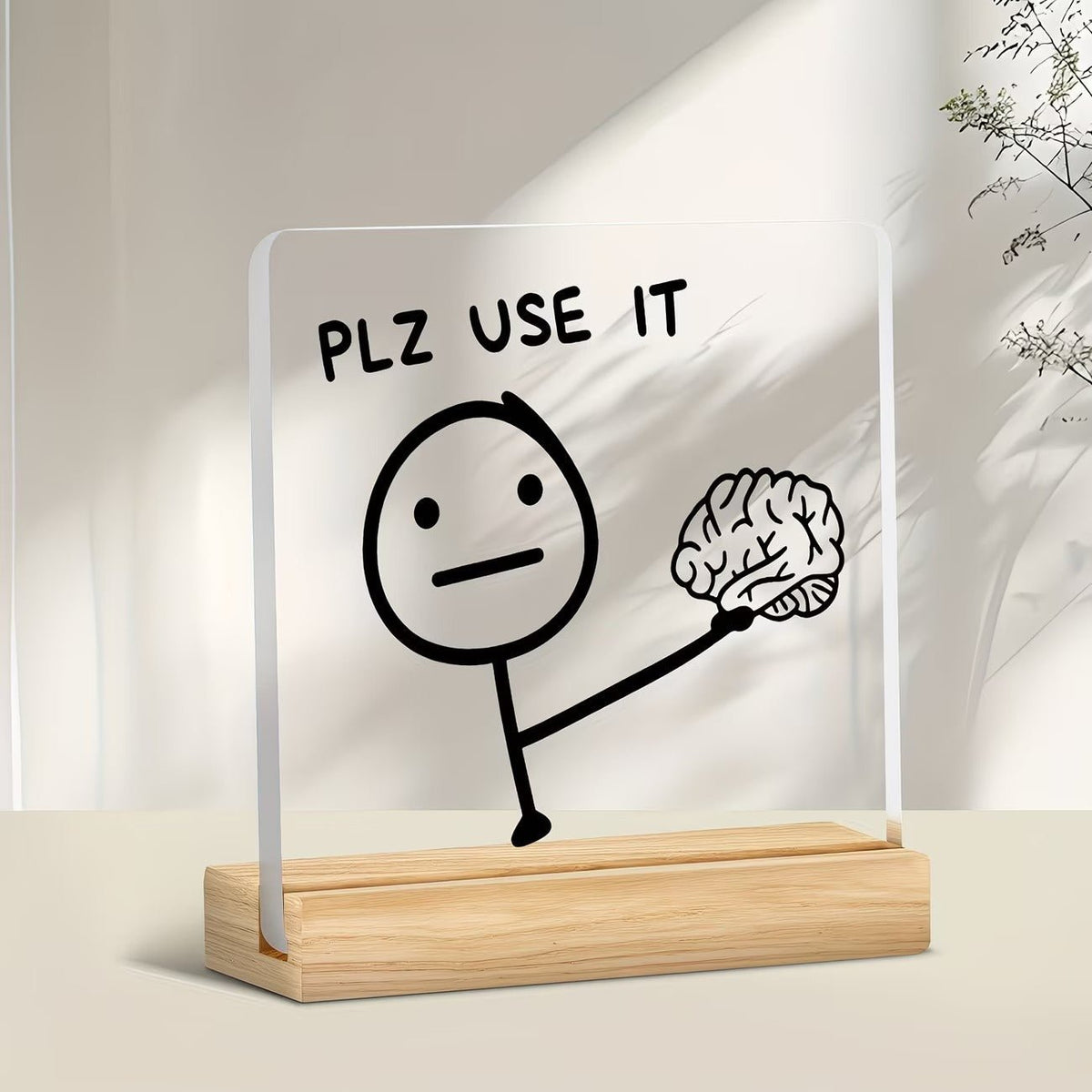 Plz Use It Brain Stick Figure Acrylic Desk Plaque – Funny Office Humor Decor - TuragStudio