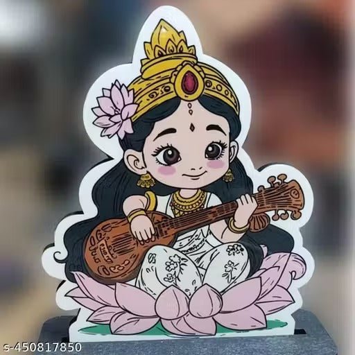 Saraswati Maa Wooden Table Standee – Cute Goddess of Music Desk & Pooja Decor - TuragStudio