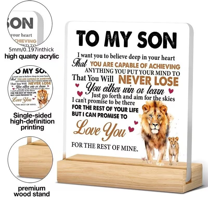 To My Son – Lion Message Inspirational Acrylic Desk Plaque - TuragStudio