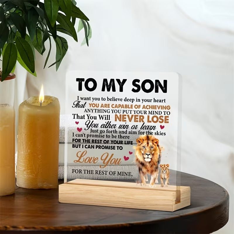 To My Son – Lion Message Inspirational Acrylic Desk Plaque - TuragStudio